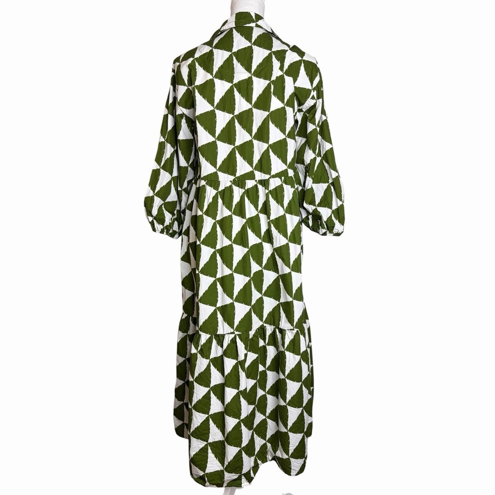 Anthropologie Maeve Bettina Tiered Shirt Dress M Green White Geometric Cotton - Picture 4 of 12